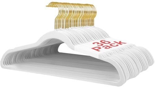 Wellong Kleiderbügel Samt, 45 cm rutschfeste Filz Bügel | Stabile Anzugbügel mit Schulterkerben, Platzsparende Kleiderbügel für Mäntel, Hosen, Silbe, 36 Stück – Weiß mit Goldene Haken