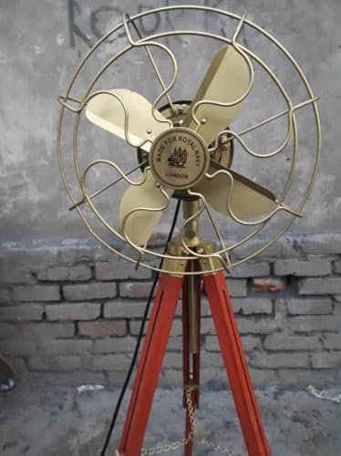 CREATIVEERA Ventilatore da pavimento fatto a mano in ottone antico Royal Navy Fan con treppiede in legno marrone