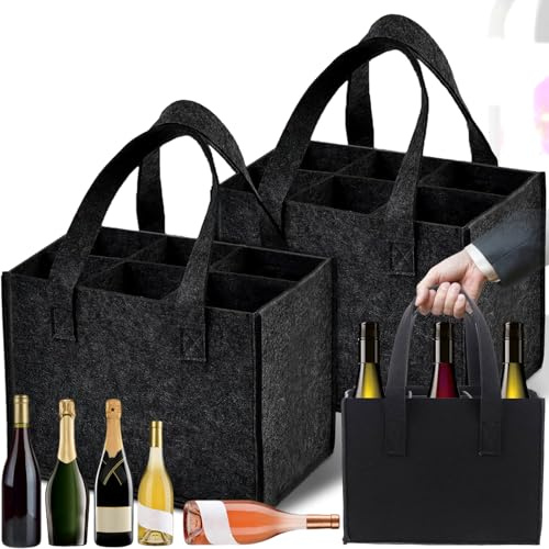 Weploda 2 Stück Weintasche Filz, Filztasche Weinflasche Tasche, Weinflaschentasche Aus Filz, Flaschenträger 6 Flaschen, 9,44 x 7,08 x 6,29 Zoll, Geeignet Für Partyreisen Und Picknicks(Schwarz)