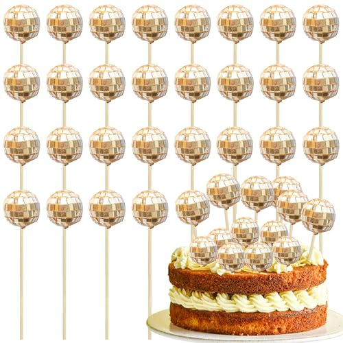 Ephlyn 24Pcs Champagne Gold Disco Ball Cupcake Toppers - Reflective Mirror Ball Cake Toppers for 70s Disco Theme Birthday Party & Christmas Decorations