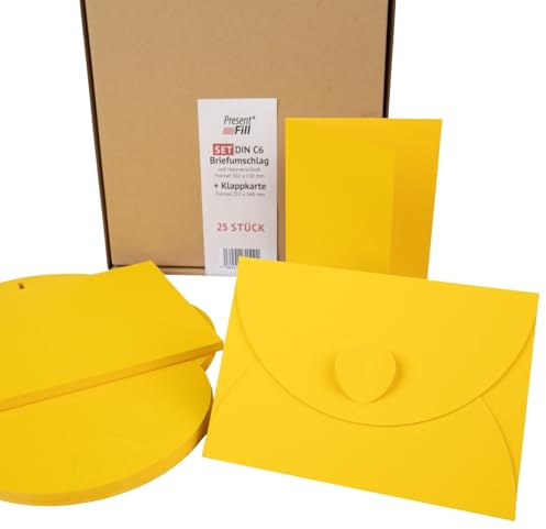 PresentFill® - blanko Falt-Karten inkl. Briefumschläge mit Herz Verschluß - 25er Set - Sonnen Gelb - Klappkarten zum selbst gestalten, beschriften oder bedrucken - DIN A6 / C6