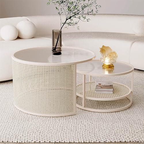 GFVCBVBMN Couchtisch, Satztisch mit Ablagefläche, runde Couchtische, Wohnzimmer-Couchtisch aus Glas, gewebte Designs, moderner Couchtisch mit stabilen Metallbeinen, Tische, modisches Design