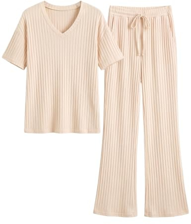 UMIPUBO Ensemble Pyjama Femme Été 2 Pièces Manches Courtes Pantalon Long Col en V Taille Élastiquée Doux Confortable Vêtement de Nuit Détente Jogging (Beige, XXL)