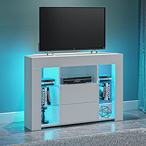 Panana Corner TV Stand for up to 45 TVs, High Gloss Front and Matt Body Entertainment Center Media Cabinet with LED Lights for Living Room Bedroom (White)