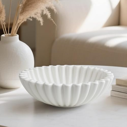 HFWDGTAO Deko Schale, Weiße Obstschale aus Keramik für die Küchentheke, schlüsselablage flur, Modernes Couchtisch Dekor, Gewelltes Handgefertigtes Kunstwerk | Stilvoller Akzent für Couchtisch, Diele, Küchentheke, Tafelaufsatz, Schlüssel, Süßigkeiten oder ganze Früchte