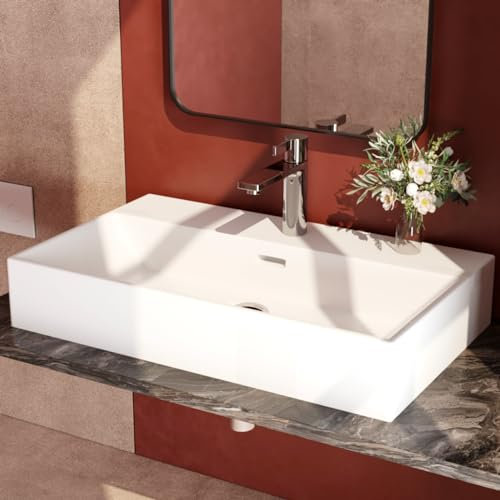 EMKE Lavabo Design Moderno – lavandino Sospeso in Ceramica con Bordo Sottile, Bagno e WC Ospiti,600x360x130 mm,Bianco Lucido, Lavabo Quadrato, Lavabo da Appoggio