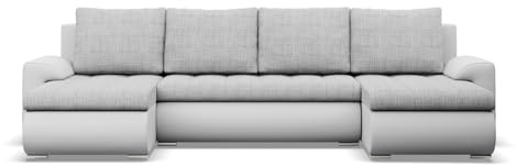 Mebligo - Ecksofa mit Schlaffunktion und 3 Bettkasten FORESTA 302x89x159 (BxHxT) Grau + Weiß - Couch U Form, Sofa im Sitz: Wellenfeder + Schaumstoff, Sofas & Couches, Eckcouch