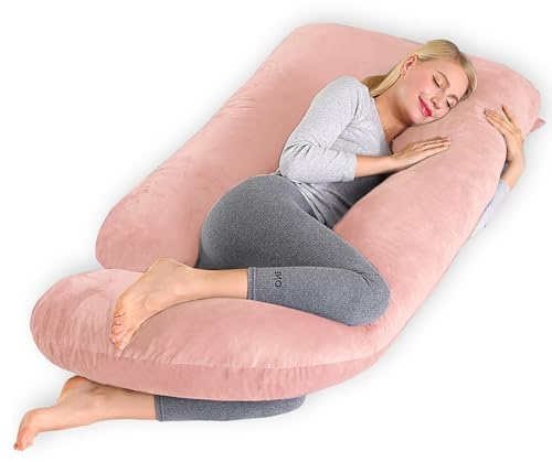 CALIYO Graviditetskudde J form, amningskudde XXL sidosovkudde med överdrag, pregnancy kudde och komfortkudde vuxen stoppning av bomull (ljusrosa, 180 × 70 cm)