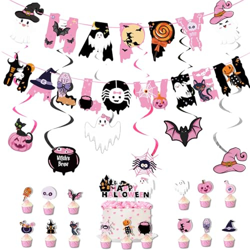 FOSDICK Kit Decoration Halloween, Kit Deco Halloween avec Happy halloween Banderole Tourbillons Suspendus Cake Topper Chauve Souris Citrouille Araignées, pour Fêtes Intérieur et Extérieur