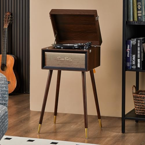 HZLSBL Vintage Record Player with Stand,Vintage Record Player Bluetooth with 3 Speed&3 Size Record Player,Built-in 4 Speakers,Remote/USB/Headphones/FM/RCA Jacks Wood (Dark Mahogany)