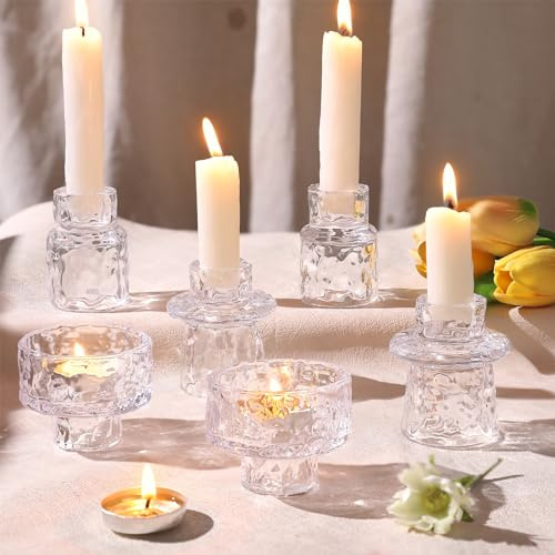 LETINE 6 Stück 2 in 1 Klare Kerzenhalter für Stabkerzen und Teelichter | Dickes Glas Kerzenständer, Kerzenständer Glas, Hochwertig Teelichtgläser für Heimdekoration, Partys, Festivals, Hochzeiten