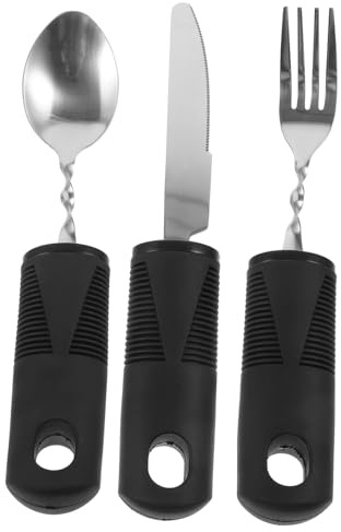 SEWOART Utensilios Adaptables Antivibración 3 Piezas Acero Inoxidable Mango Grande Negro Flexible para Personas Mayores Movilidad Asistencia Diaria Portátil Hogar y Exterior
