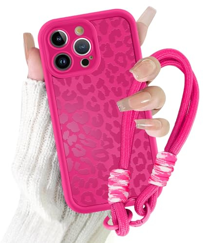 Coalbooliy Cover con Cordino per iPhone 15 Pro Max 6,7'', Silicone Morbido Custodia Aesthetic Leopardo Rosso Rosa Automne Mädchen Modello Disegni Collana Universale Fotocamera Protettiva Case, 03