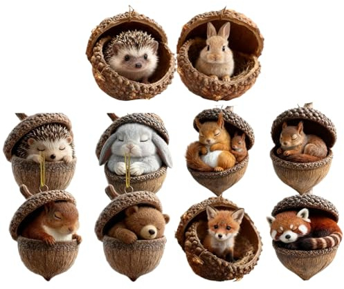 10 Stück Waldtiere Eichels Ornaments,3D Natur Forests Animal Acorn Ornaments, Tannenzapfen Weihnachtsbaumschmuck Deko, Tierfiguren Anhänger Festtags Weihnachtsbaumschmuck
