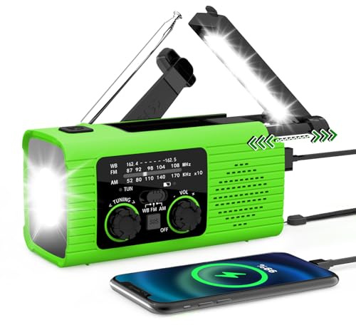 Emergency Solar Hand Crank Radio with LED Flashlight, Reading Light, Battery Backup, SOS Alarm, and Cellphone Charger for Outdoor Use