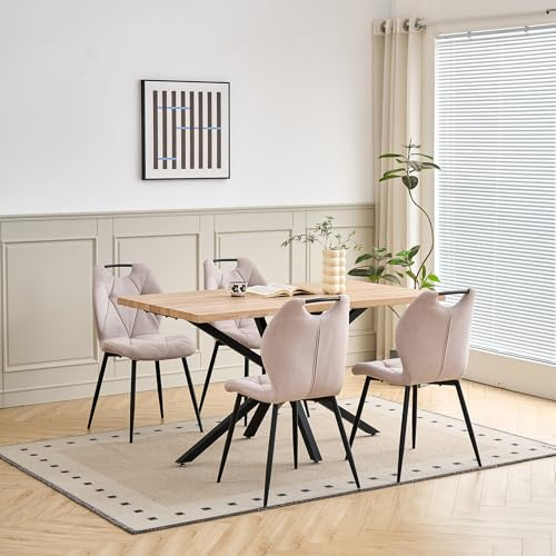 DEYARNA HOME Juego de Comedor Mesa y Sillas – Mesa de Comedor Rectangular con 4 Sillas de Comedor (Tapizado en Tela de Lino con Asas) – Ideal para Cocina, Comedor (Madera Clara+4*Sillas Caqui)