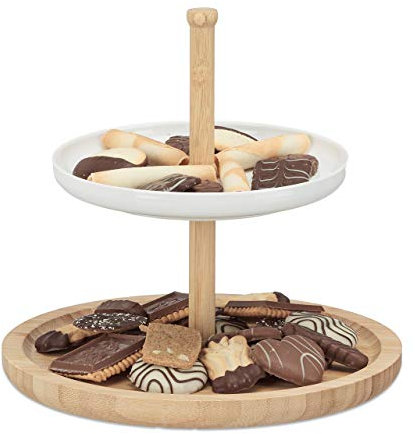 Relaxdays Fuente para Servir de 2 Pisos, Bambú-Cerámica, Beige-Blanco, 36 x 30 x 30 cm, 2 Niveles