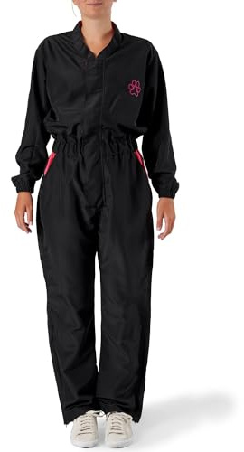 Groomers Jemima Jumpsuit Overalls | Full Zip Clothing Protection Long Sleeved with 2 Pockets | Anti Hair 100% Polyester | Zipped Cuffs | Black with Pink Piping