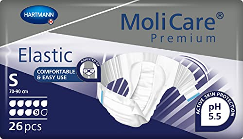 MoliCare Premium Elastic Unisex Einweg-Slip: diskrete Anwendung für Frauen und Männer mit Inkontinenz; 9 Tropfen, Größe S, 26 Stück | 26 Paar, dreilagiger Saugkern für sehr starkes Auslaufen, elastische Seitenteile, sofort trockenes Gefühl, hautfreundlich