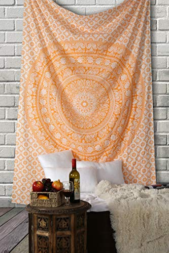 RAJRANG Mandala Wandbehang Wandteppich - Dekorative Strandtuch Hippie Wandteppich Elefant werfen Wandteppich - 213 x 137 cm - Orange