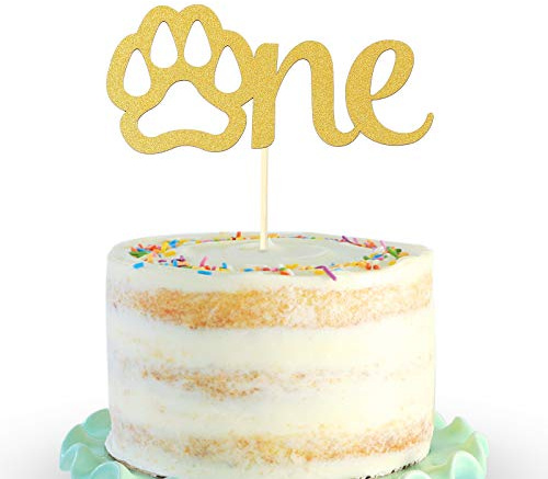 Gold Paw One Cake Topper - Golden Glitter Cardstock 1st Birthday Cake Smash Party Decoration for Baby, Single Sided Dog Paw Birthday Cake Sign | Gold glitter cardstock, dog paw motif, 1st birthday cake display decoration, cake smash decor, photo booth props