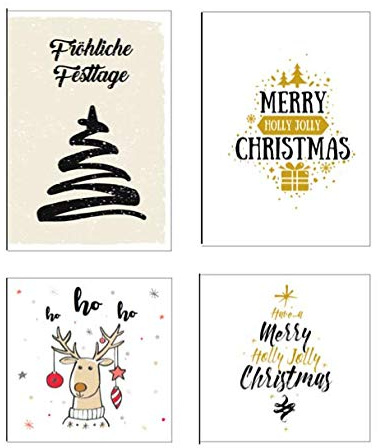 4 Premium Weihnachtskarten Klappkarten mit 4 edlen weißen Umschläge quadratisch und rechteckige Grußkarten für Weihnachten Karten Postkarten Weihnachtskarten für Weihnachtsgrüsse