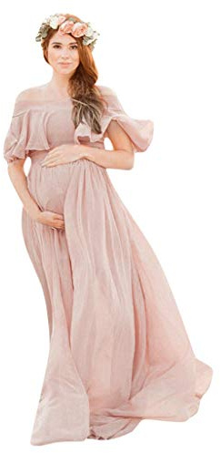 Vuncio Femmes Robe Enceintes Grossesse Tulle Plissées sans Epaules Bohemi Demi-Manches Une Ligne Robe Photo Photographie Robe Jupe Longue Plage Mariage