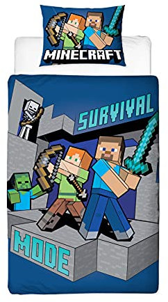 Minecraft Survive Single Duvet Cover Officially Licensed | Reversible 2 Sided Survive Design with Matching Pillowcase, Polycotton, Blue (Single)
