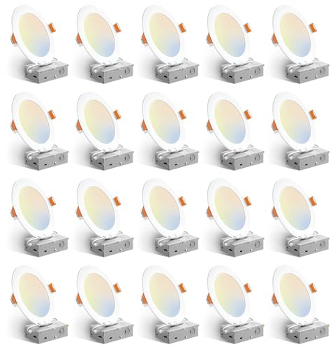 Amico 20 Pack 6 Inch 5CCT Ultra-Thin LED Recessed Ceiling Light with Junction Box, 2700K/3000K/3500K/4000K/5000K Selectable, 12W Eqv 110W, Dimmable Can-Killer Downlight, 1050LM Wafer Lighting - ETL