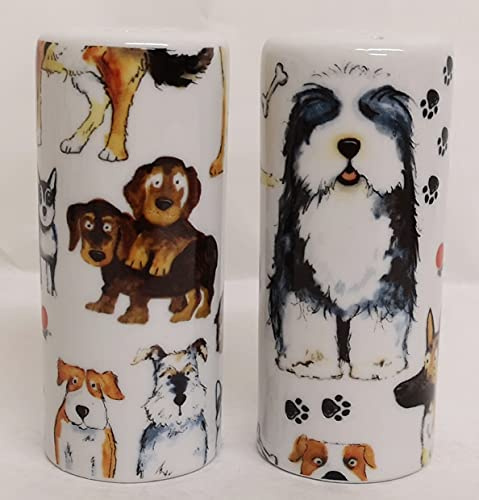 Juego de salero y pimentero para perros de cerámica con collage de porcelana y salero redondo decorado a mano en Reino Unido