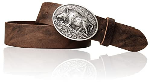FRONHOFER Trachtengürtel Leder 4 cm mit Wildsau Gürtelschnalle Silber 7,5x6 cm, Wechselgürtel für Lederhose und Jeans, Größen 95-125, Made in Germany
