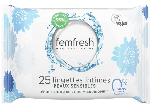 Femfresh - Lingettes Intimes Peaux Sensibles 0%, Aloe Vera & Calendula - 25 Lingettes