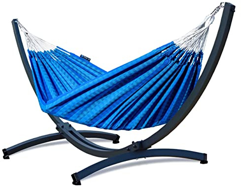 Potenza Outdoor Hängematte mit Verzinkter Tytan Gestell für 2 Personen I 100% Baumwolle Morena - Doppelhängematte 230x160 cm, 220kg I Hängemattengestell 350kg, wetterfest (Blau, Basic Gestell Graphit)