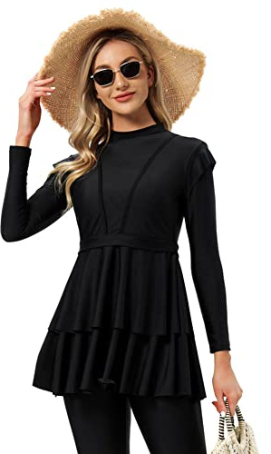 OBEEII Muslimische Bademode für Frauen Modest Solid Color Bademode Islamische Bademode Hijab Burkini Tankini Bademode, 3-teiliger Muslimischer Badeanzug für Frauen Schwarz L