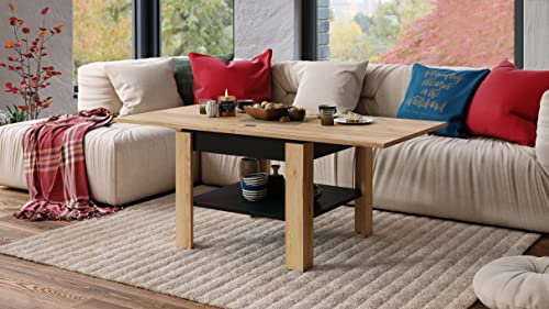 Design Couchtisch Tisch Leo Eiche gold - Schwarz matt aufklappbar 65-130cm Esstisch