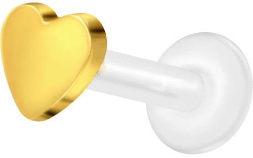PIERCINGLINE PTFE Labret mit Gewinde Titan Aufsatz HERZ Piercing Nase Ohr Helix Tragus Lippe Medusa Goldfarben 1,6 x 10 mm