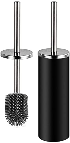 Bingobang Escobilla de inodoro de silicona, escobilla y recipiente, mango de tapa de acero inoxidable, escobilla de baño para baño con juego de soporte de secado rápido (negro)