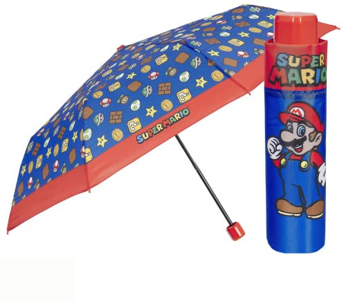 PERLETTI Super Mario Taschenschirm für Jungen 7 8 9 Jahre - Mario Bros Regenschirm Kinderregenschirm für Klein Kinder - Grundschule Schirm Kompakt Leicht Windfest - Durchmesser 91 cm