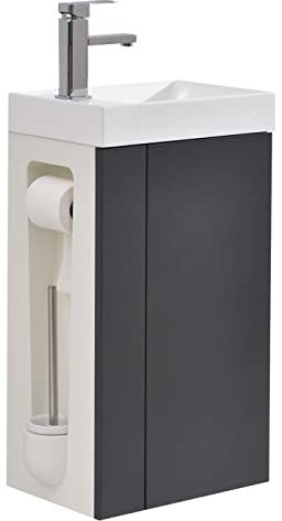 BERNSTEIN Waschbecken mit Unterschrank Badmöbel Set Compact 400 Anthrazit - Toilettenbürste Links - Gäste WC Unterschrank mit Toilettenpapierhalter und Klobürste Ohne Ablaufgarnitur