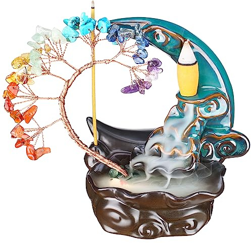 Bruciatore di incenso a flusso inverso con cascata e luna, porta incenso in ceramica, 7 chakra, albero di cristallo, porta incenso Namaste, yoga, meditazione e decorazione per la casa