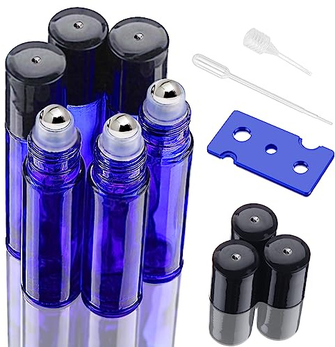 Roll on eteriska oljor, 6 st Rollon-flaskor, 10 ml, påfyllningsbar parfymrulle på glas med rulle i rostfritt stål för massage, aromaterapiblandningar, laboratorieflaska (blå)