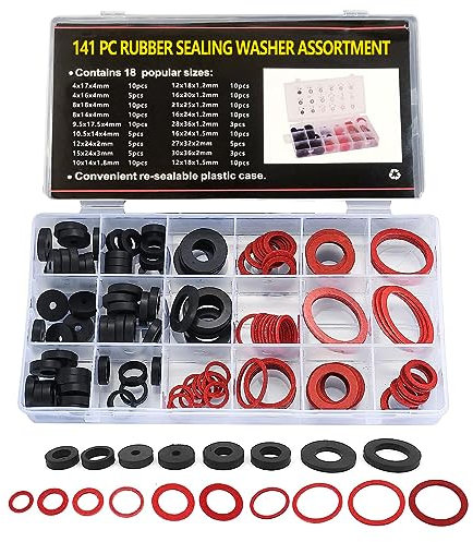 HUAZIZ 141 Pezzi Kit Assortito Per Rondelle Del Rubinetto, 18 Diverse Guarnizione o-Ring Guarnizione Idraulica, Rondella Piatta In Fibra Di Acciaio Rossa, Distanziatori Isolanti Con Scatola