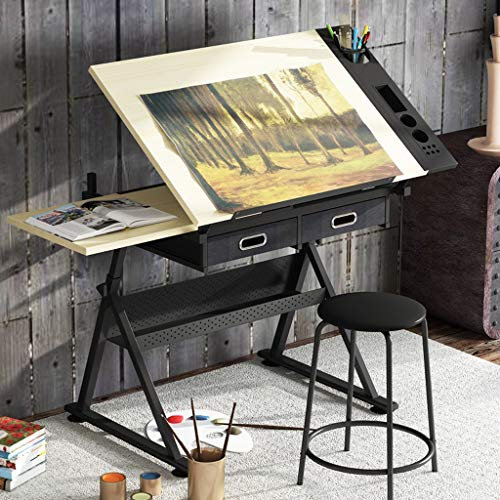 YSoLda Höhenverstellbarer Zeichentisch, neigbarer Basteltisch mit Stauraum, Kunstschreibtisch mit Ahornplatte, für den Zeichentisch im Home Office Beautiful Scenery