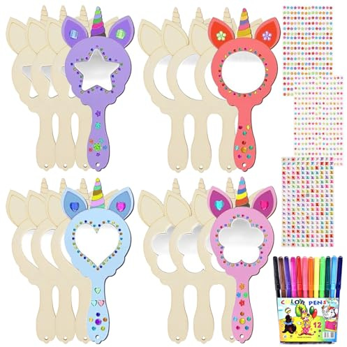 Seasboes Einhorn Basteln, 12 Stück Prinzessin DIY Holzspiegel, Mini Handgefertigte Handwerk für Kinder