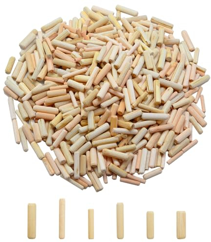 Pumuky 600 pezzi assortiti di tornilone in legno, perni in legno, tasselli in legno massiccio scanalati per fresatura, riparazione di mobili, artigianato, fai da te (6 dimensioni), MSZ-600, giallo