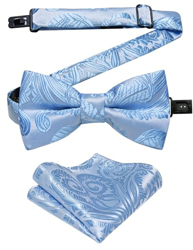 DiBanGu Boys Pre-tied Bow Tie,Silk Adjustable Bowtie and Pocket Square for Age 8-14 Kids Bowtie Wedding School Ceremony Party, Sky Blue