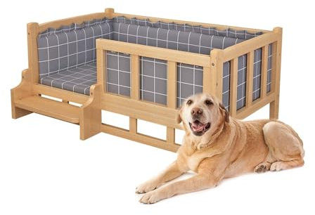 ppARK Haustierbett Erhöhtes Haustierbett aus Holz für Hunde/Katzen mit Treppen und waschbarer, Abnehmbarer Matratze für den Innen- und Außenbereich