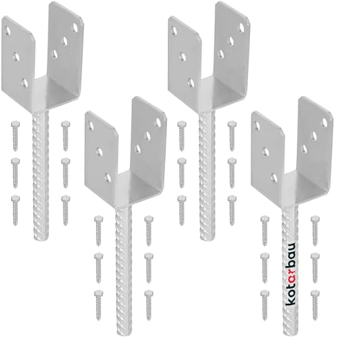 KOTARBAU® 4er Set Pfostenträger zum einbetonieren U 61 mm Feuerverzinkt Stahl Betonanker für Holzpfosten Riffelstahl Pfostenanker Bodenhülse Pfostenschuh Zaunpfosten Holz