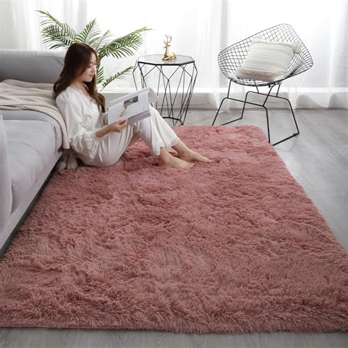 Guetto Hochflor Teppich Wohnzimmer rutschfest Fellteppich Shaggy Flauschig Weich Modern Kunstfell Fell Imitat Einfarbig, Teppich für das Schlafzimmer/Wohnzimmer/Kinderzimmer,Pink b,80x200cm