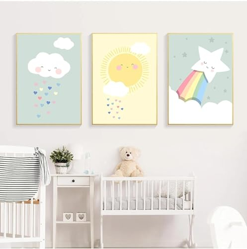 NXMYDBD Sonne, Mond, Sterne, dunkle Wolken, Regenbogenbild, Baby- und Kinderzimmer-Cartoons, Wandkunst, Poster und Druck, Gemälde, nordische Kinderzimmerdekoration, 50x70cm (20x28 Zoll) x3, ungerahmt